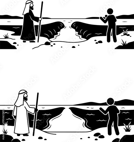 Prophet Moses Parting the Red Sea to Lead His People Biblical Scene in Minimalist Black and White Vector Illustration Set