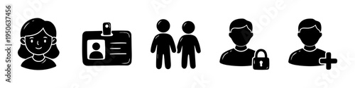 Woman, Id Card and Couple Monochrome Icon Set. High quality stock illustration with clear subject focus and cohesive composition for versatile commercial usage.
