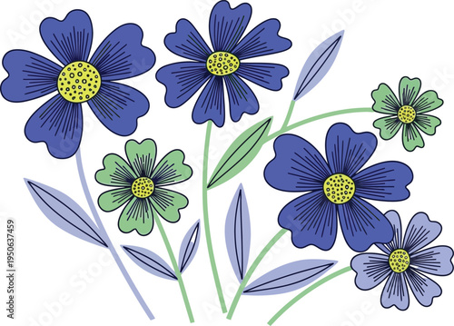 Vibrant blue and green flowers with yellow centers