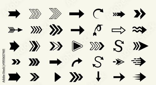 Collection of Diverse Arrow Icons Representing Direction, Navigation, and Flow on a Plain Background