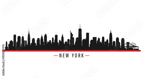 Bold vector silhouette illustration capturing the iconic New York City skyline, featuring prominent urban architecture, towering skyscrapers, and a classic yellow taxi cab