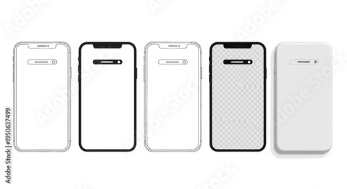 Different styles of smartphone display templates, including transparent and checkered backgrounds, suitable for UI/UX design presentations or app mockups