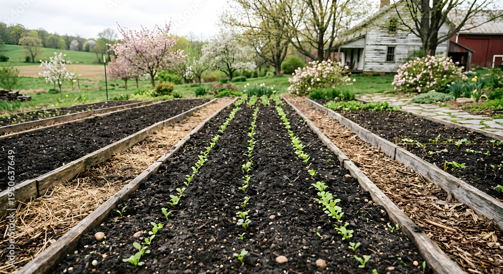 Obraz premium Garden beds growing vegetables in rural spring landscape