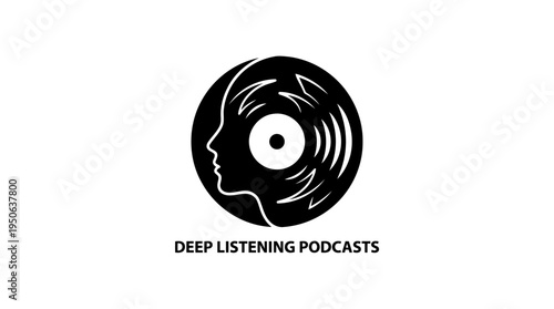Negative Space Vinyl Record Face Profile Vector Illustration: Deep Listening, Podcasting, and Monochrome Logo Design