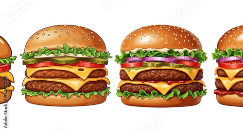 A mouthwatering assortment of delicious, juicy burgers on a white background, perfect for food blogs and restaurants
