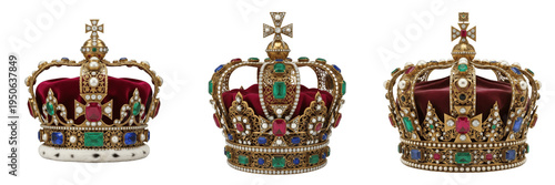 Konstfotografi Set and collection of royal golden imperial crowns with red velvet and precious