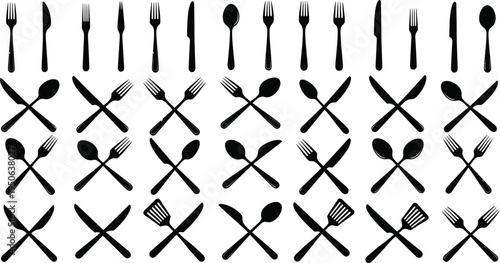 Collection of kitchen utensils and cutlery on a white background