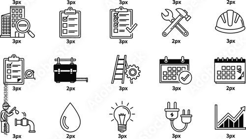 Collection of 12 black and white icons related to energy tools and technology