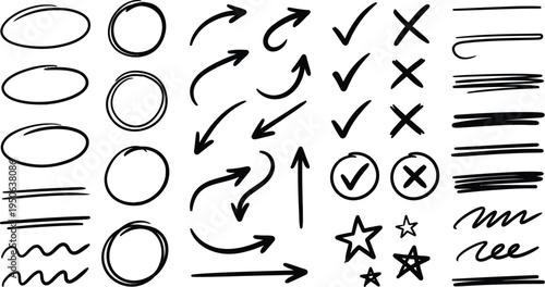 Set of black hand-drawn doodle arrows, circles, lines, checkmarks, crosses, and stars on a transparent background