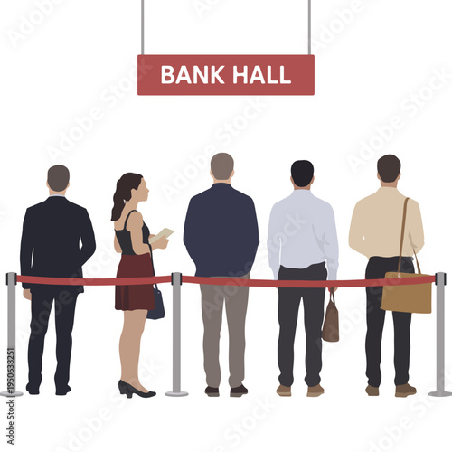 A vector illustration of people waiting in line at a bank hall