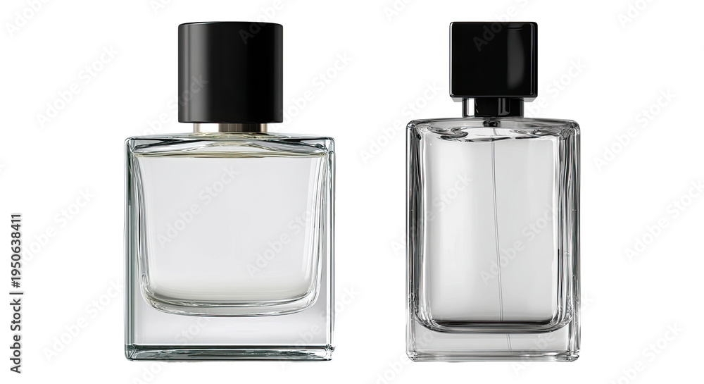 Obraz premium Two clear glass perfume bottles isolated PNG, elegant fragrance containers on transparent background for beauty and cosmetic product mockups