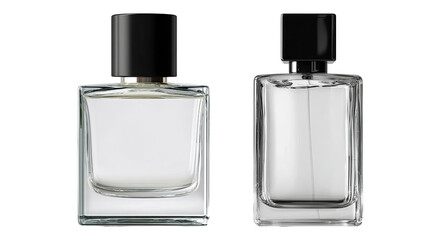 Two clear glass perfume bottles isolated PNG, elegant fragrance containers on transparent background for beauty and cosmetic product mockups