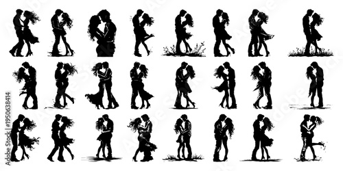 Couple Kiss Silhouettes Set Romantic Lovers Embrace Vector Collection