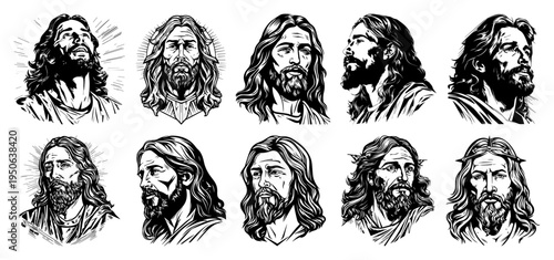 Jesus Christ head portraits set Collection of hand drawn Christian religion character illustrations Vector sketch
