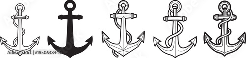 Variations of traditional maritime anchors in stylized black and white illustrations
