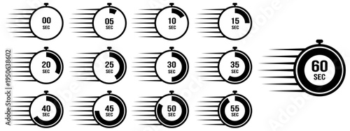 Fast delivery seconds timer icon set with speed lines, quick service stopwatch collection 5 to 60 seconds, black vector symbols