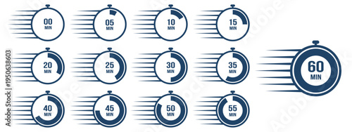 Navy blue stopwatch countdown timer icons set from 0 to 60 minutes with speed lines