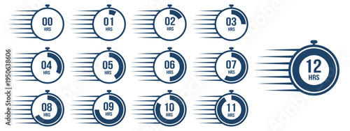 Navy blue stopwatch hour countdown timer icons set from 0 to 12 hours with speed lines