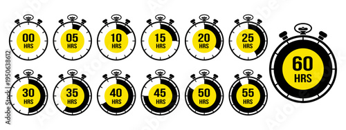Yellow highlight stopwatch timer icon set showing 5 to 60 hour intervals, countdown chronometer collection, black and yellow vector symbols