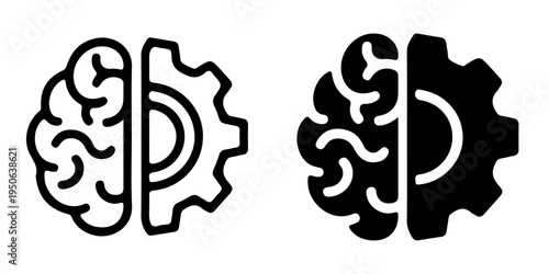 Brain and gear icons set representing artificial intelligence and human logic concept