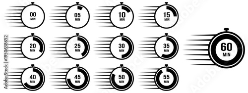 Black stopwatch timer icons set from 0 to 60 minutes with fast motion speed lines