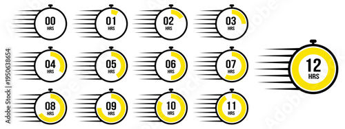 Yellow stopwatch hour countdown timer icons set from 0 to 12 hours with speed lines