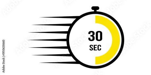 Yellow 30 second stopwatch icon with speed lines for half minute countdown