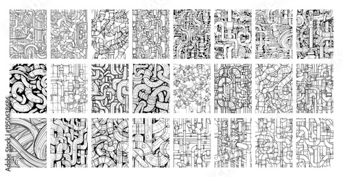 Abstract steampunk pipe patterns vector set Collection of hand drawn industrial and mechanical backgrounds