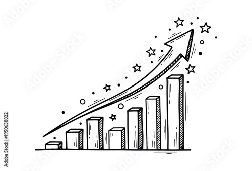 Simple black and white hand drawn vector illustration featuring a rising bar chart with an upward curving arrow indicating steady growth and positive success trajectory on transparent background