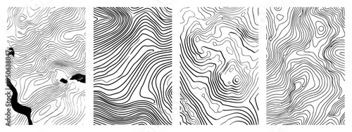 Set of topographic map line backgrounds Collection of abstract wavy patterns for geographic or poster design Vector texture illustration