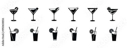 cocktail and tropical drink silhouette icon featuring martini glass with straw, summer refreshment juice bar party more vector illustration or editable stroke.