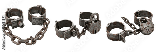 Canvastavla Set and collection of old rusty iron handcuffs and medieval prisoner shackles wi