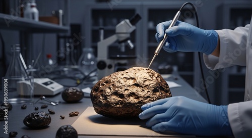 Scientist examining a meteor in laboratory.