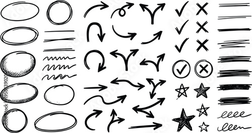 Hand drawn sketch doodles of circles, arrows, lines, checks, x marks and stars on transparent background