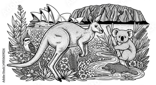 Black and White Illustration of Australian Wildlife with Kangaroo, Koala, and Sydney Opera House Landmark.