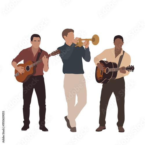 Three musicians playing guitar, trumpet, and guitar in a colorful illustration
