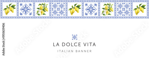 Lemon branches with yellow fruits, green leaves, blue ceramic tile, white background. Banner template with text. Vector illustration. Italian coast. Summer border design 