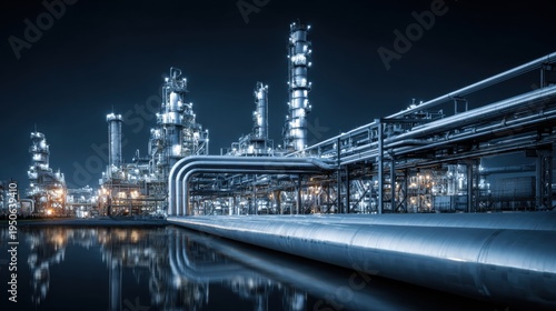 Industrial oil refinery complex with pipelines at night