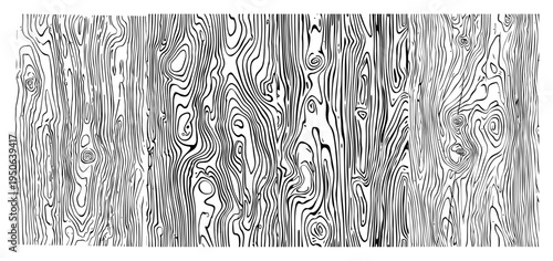 Hand drawn wood grain seamless pattern Black and white vector background with organic line art texture
