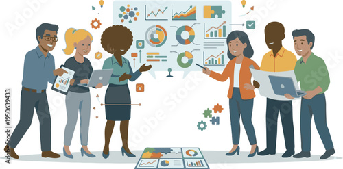 Group of people connecting puzzle pieces to find a solution