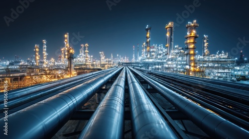Large industrial pipes in a refinery complex at night