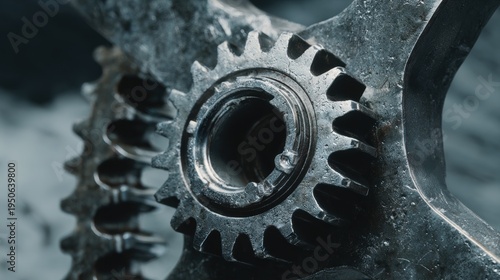 Metal gears interlocking to power industrial mechanism