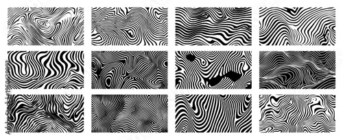 Collection of abstract optical illusion backgrounds Vector set of black and white wavy line patterns