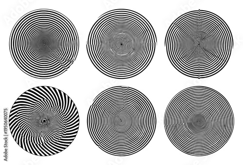 Set of hypnotic spirals with glitch effect Abstract vector collection of distorted optical illusion circles