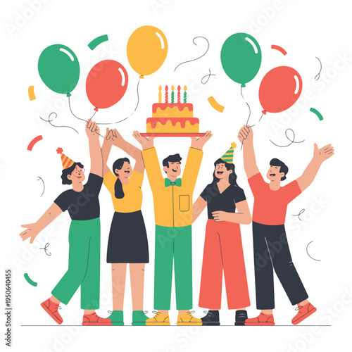 A colorful illustration of a group of friends celebrating a birthday with a cake and balloons