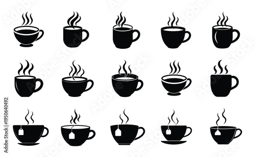 tea cup and steaming mug silhouette icon featuring breakfast beverage drink, porcelain ceramic tea set more vector illustration or editable stroke.