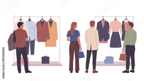 A minimalist vector illustration of people shopping for clothes in a modern clothing store