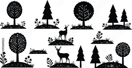 Black silhouettes of trees deer and plants on white background for graphic design elements