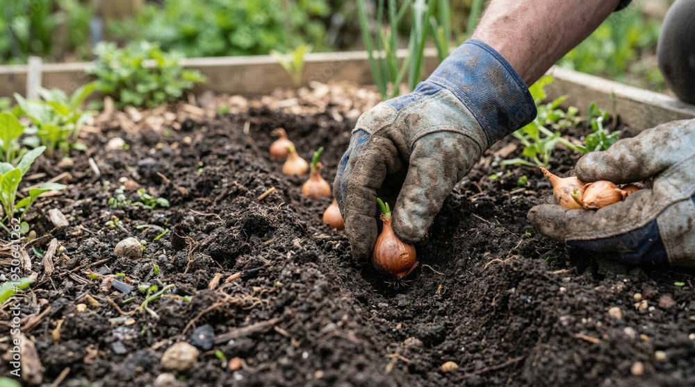 Fototapeta premium Hands planting onion bulbs in garden soil with gloves on close-up. Planting includes careful placement of onion bulbs in prepared soil.