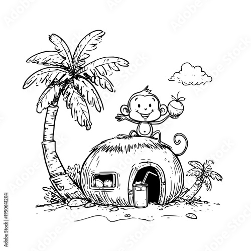 Monkey Sitting on Hut Under Palm Tree in Tropical Island
